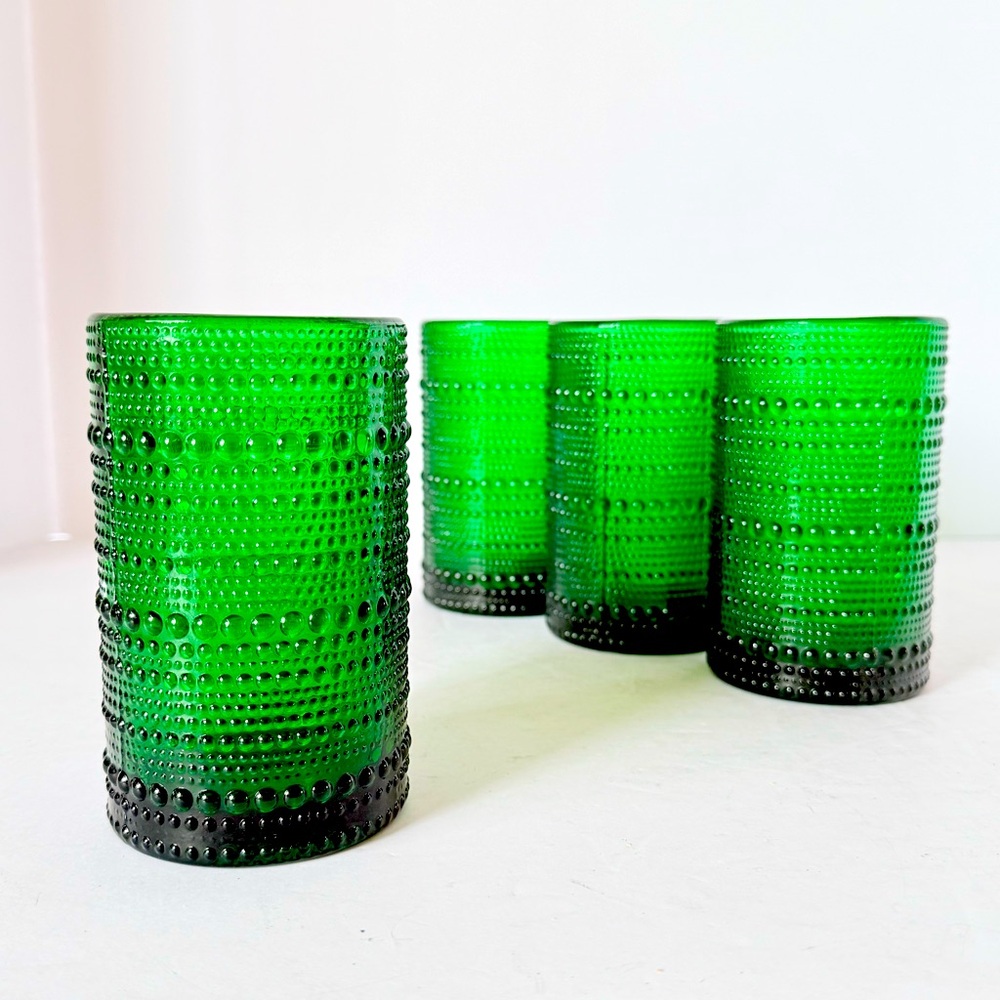 Set of 4 Fortessa Jupiter Emerald Green Tumbler Glasses Vintage Beaded Design